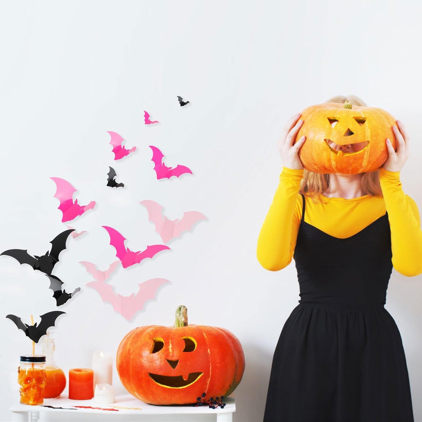 144pcs Pastel Halloween Bats Wall Decorations,PVC Waterproof Pink Black 3D Bat Stickers for Home Indoor Room Outdoor Summer Halloween Party Scene Decals Decoration