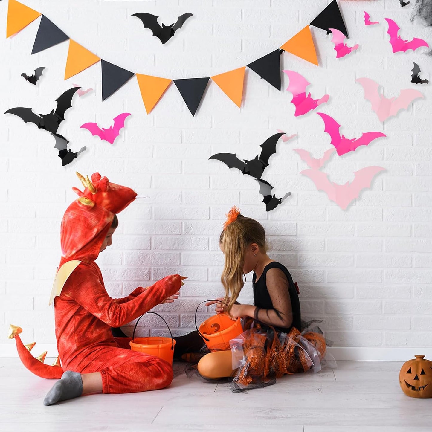 144pcs Pastel Halloween Bats Wall Decorations,PVC Waterproof Pink Black 3D Bat Stickers for Home Indoor Room Outdoor Summer Halloween Party Scene Decals Decoration