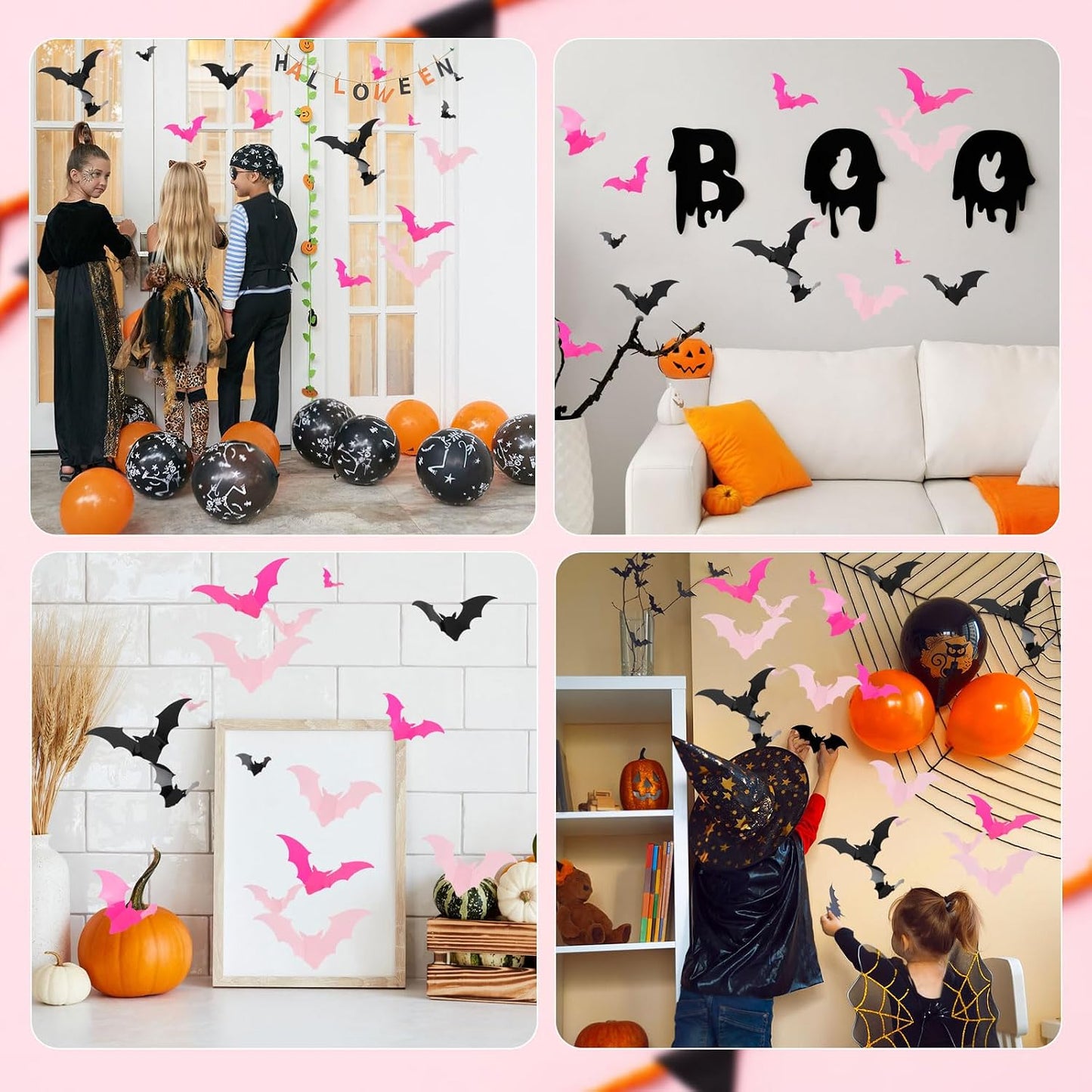 144pcs Pastel Halloween Bats Wall Decorations,PVC Waterproof Pink Black 3D Bat Stickers for Home Indoor Room Outdoor Summer Halloween Party Scene Decals Decoration