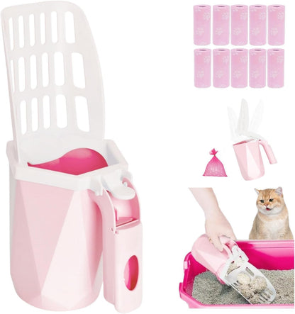 Cat Litter Scooper with Holder, 150 Poop Bags & Built-in Storage Box, Pink