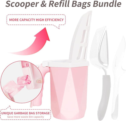 Cat Litter Scooper with Holder, 150 Poop Bags & Built-in Storage Box, Pink