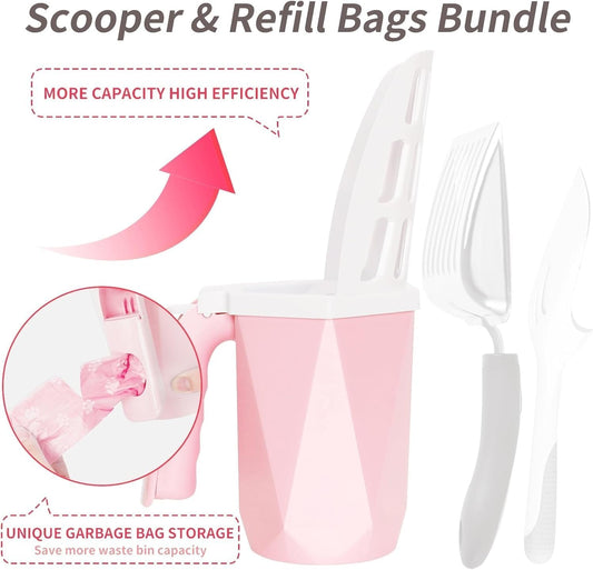 Cat Litter Scooper with Holder, 150 Poop Bags & Built-in Storage Box, Pink