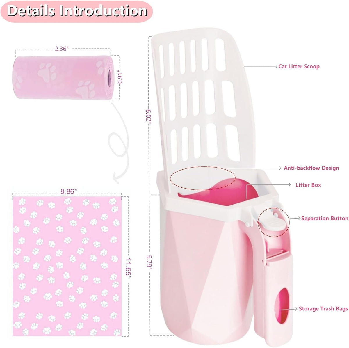 Cat Litter Scooper with Holder, 150 Poop Bags & Built-in Storage Box, Pink