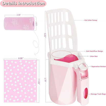 Cat Litter Scooper with Holder, 150 Poop Bags & Built-in Storage Box, Pink