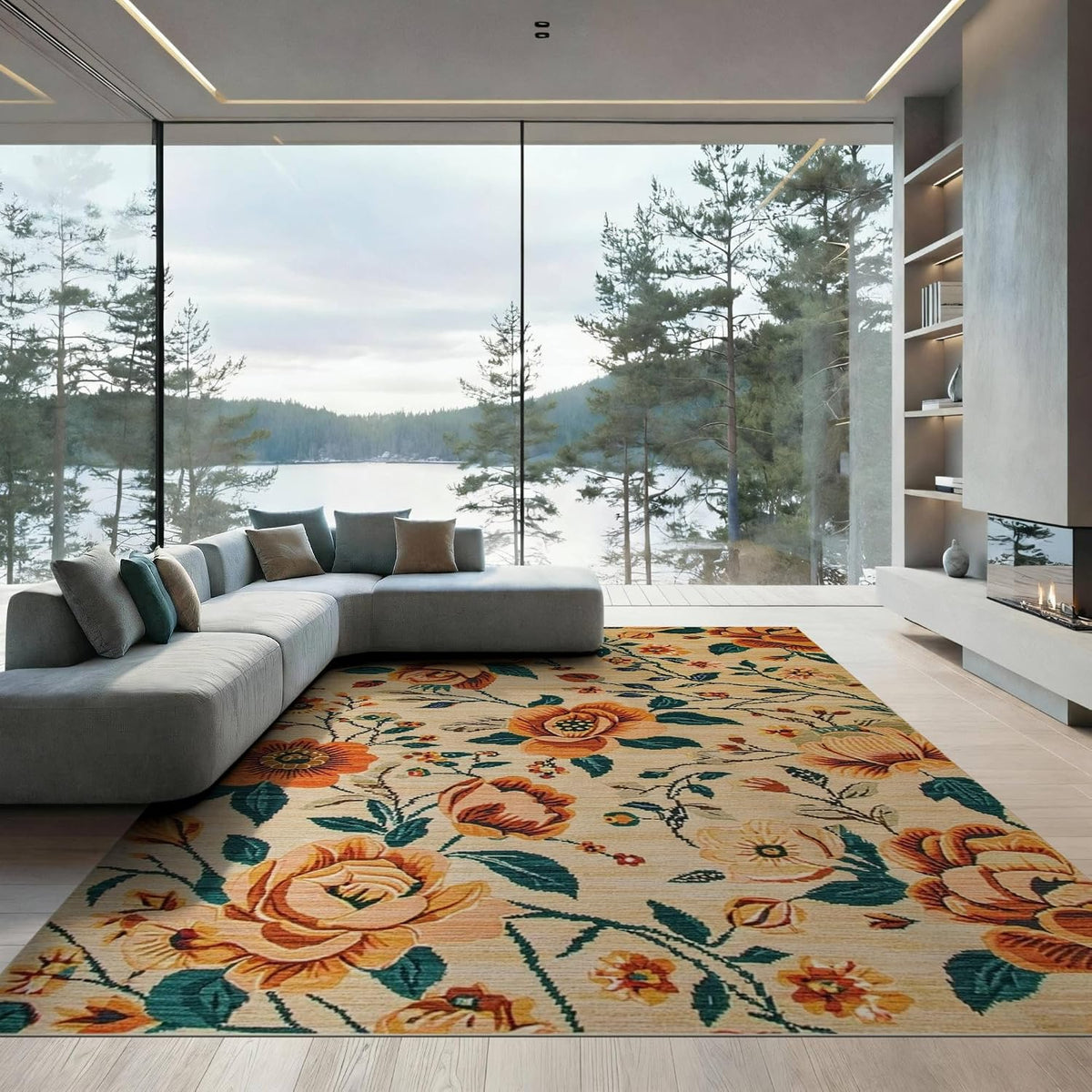 8'x10' Green Floral Moss Vintage Design Washable Area Rug
