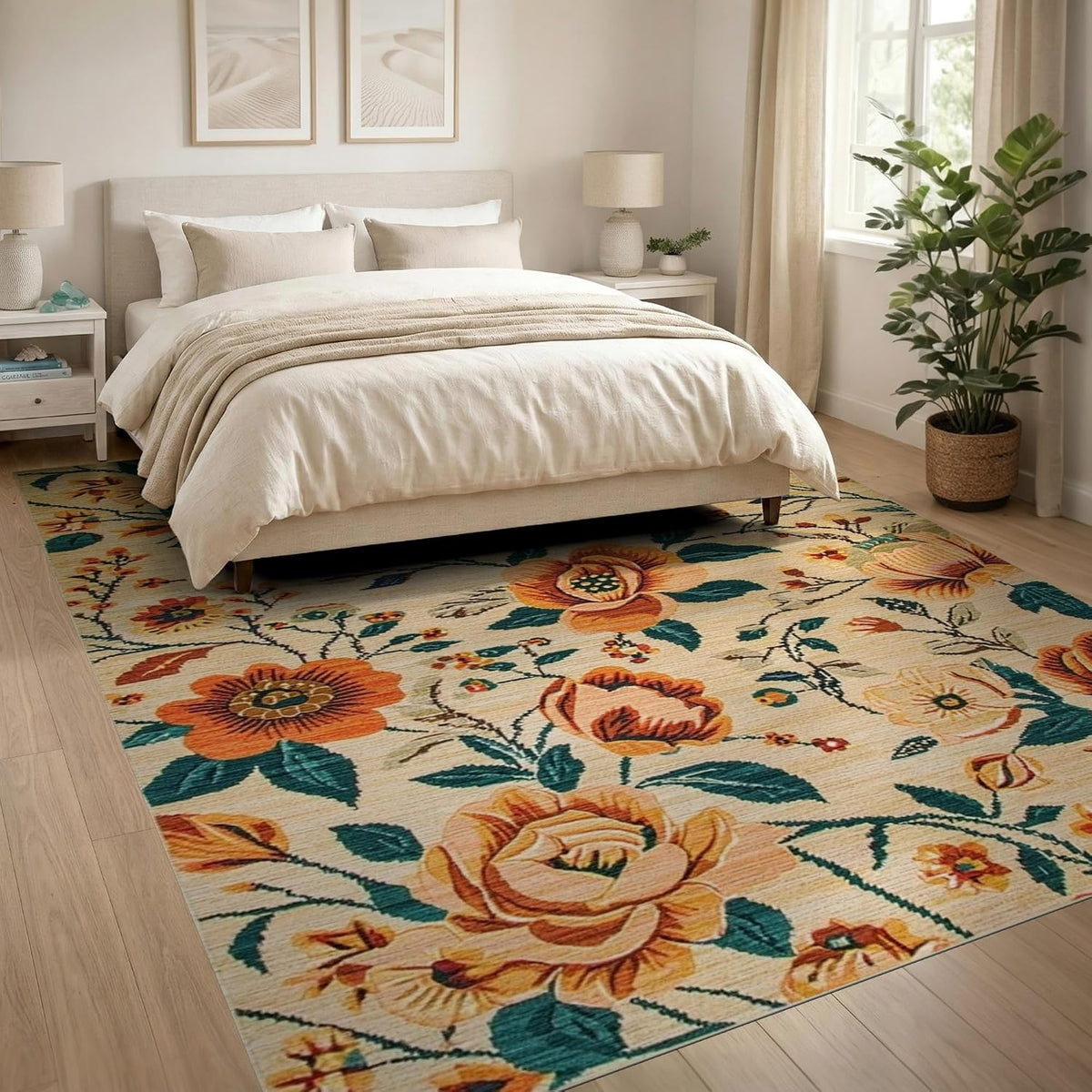 8'x10' Green Floral Moss Vintage Design Washable Area Rug