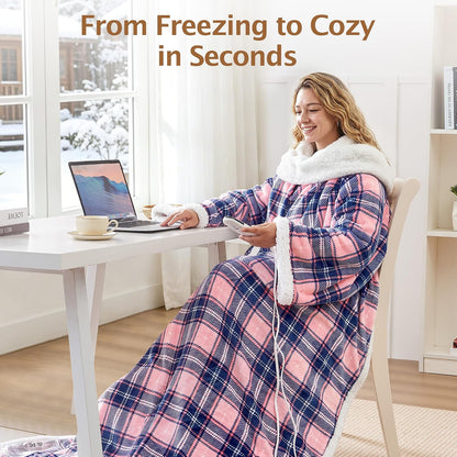 Electric Heated Blanket Wearable Throw with Foot Pocket & Front Pouch