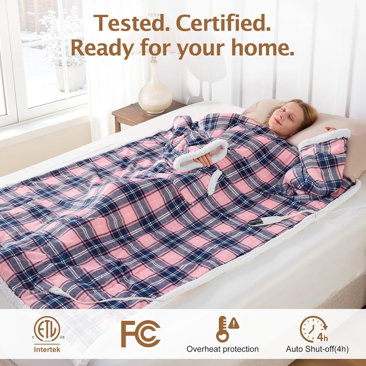 Electric Heated Blanket Wearable Throw with Foot Pocket & Front Pouch