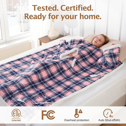 Electric Heated Blanket Wearable Throw with Foot Pocket & Front Pouch