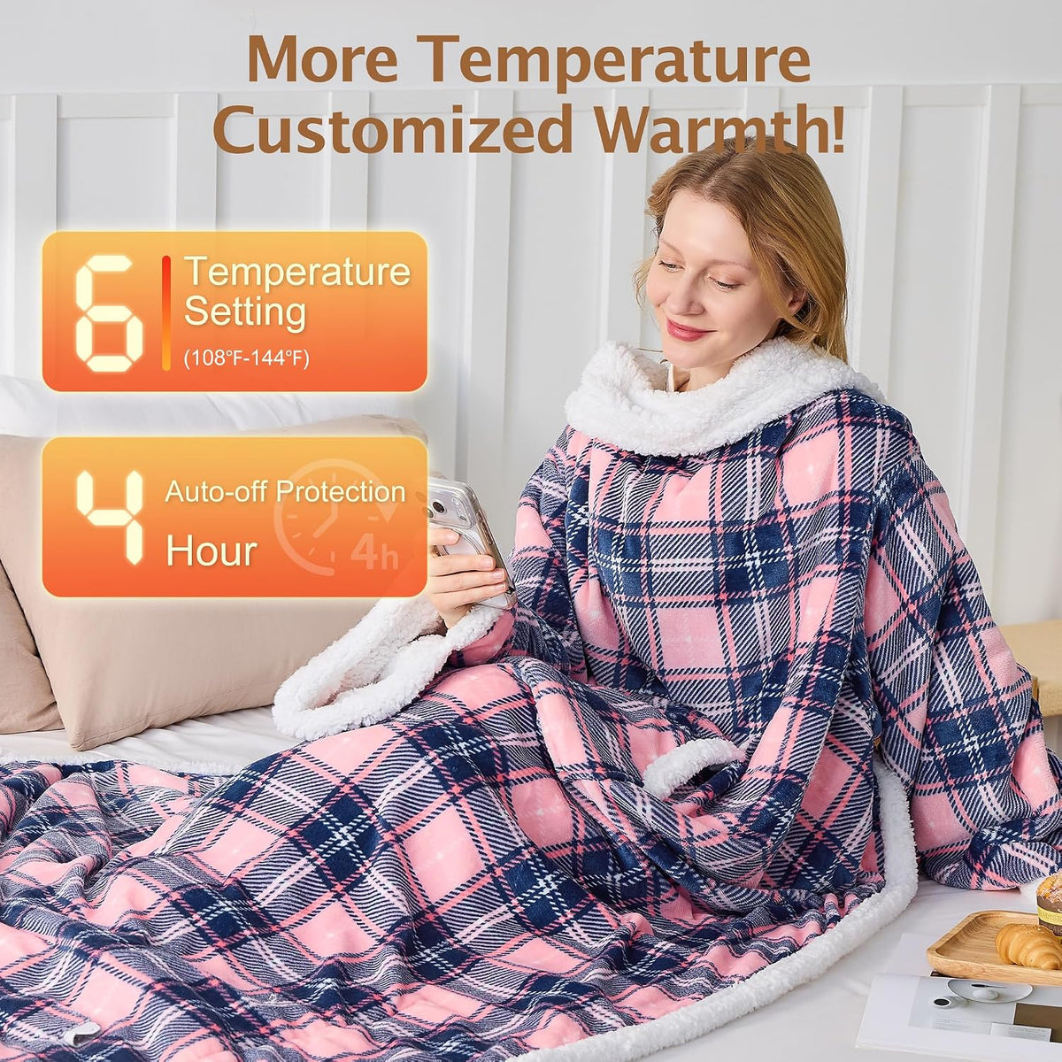 Electric Heated Blanket Wearable Throw with Foot Pocket & Front Pouch