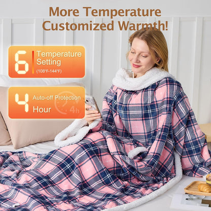 Electric Heated Blanket Wearable Throw with Foot Pocket & Front Pouch