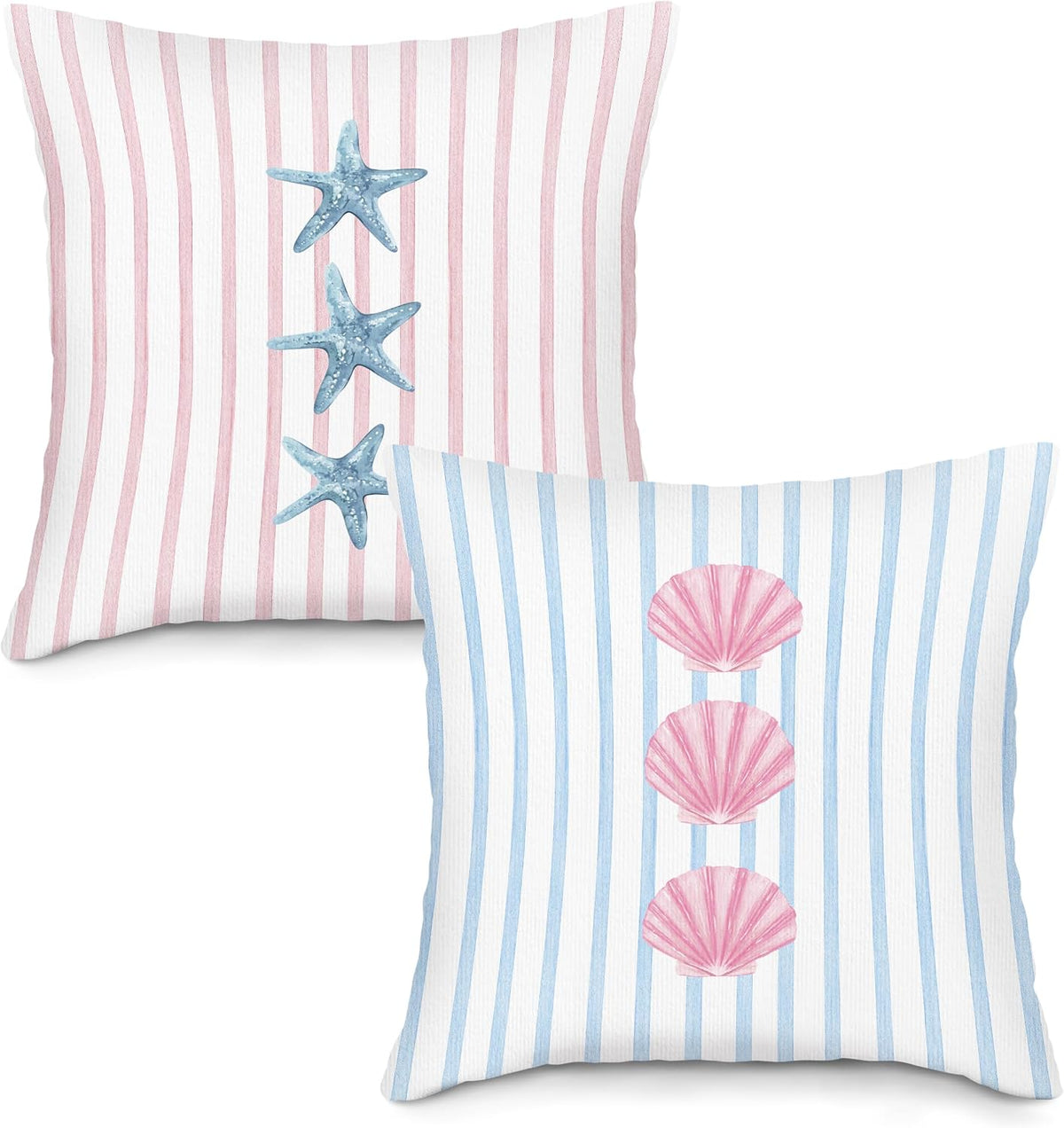 Preppy Starfish Seashell Throw Pillow Covers Set of 2, Pink and Blue Striped Pillow Case Cover for Girls Room, Coastal Square Pillowcase, Beachy Coquette Cushion Cover Case for Couch,18x18