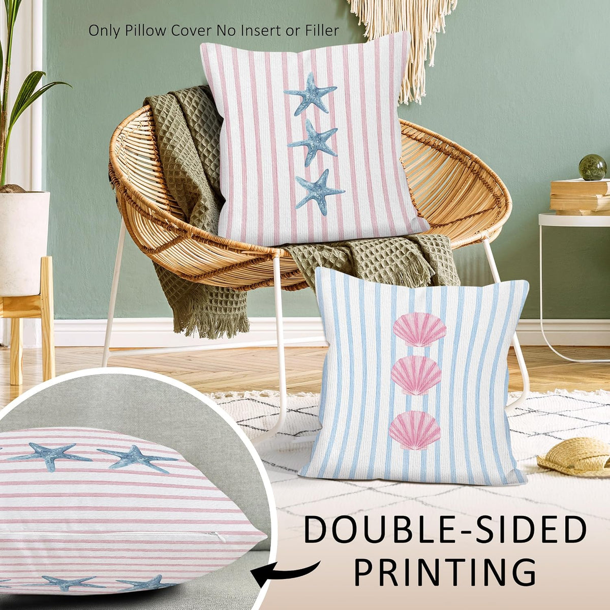 Preppy Starfish Seashell Throw Pillow Covers Set of 2, Pink and Blue Striped Pillow Case Cover for Girls Room, Coastal Square Pillowcase, Beachy Coquette Cushion Cover Case for Couch,18x18