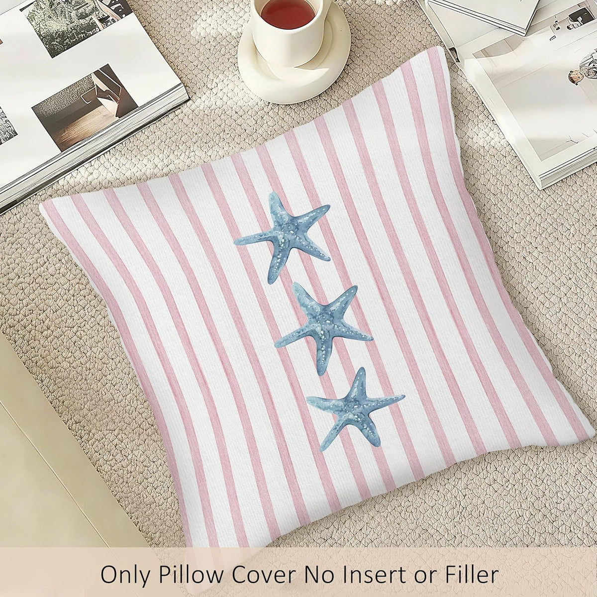 Preppy Starfish Seashell Throw Pillow Covers Set of 2, Pink and Blue Striped Pillow Case Cover for Girls Room, Coastal Square Pillowcase, Beachy Coquette Cushion Cover Case for Couch,18x18