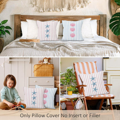 Preppy Starfish Seashell Throw Pillow Covers Set of 2, Pink and Blue Striped Pillow Case Cover for Girls Room, Coastal Square Pillowcase, Beachy Coquette Cushion Cover Case for Couch,18x18