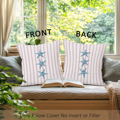 Preppy Starfish Seashell Throw Pillow Covers Set of 2, Pink and Blue Striped Pillow Case Cover for Girls Room, Coastal Square Pillowcase, Beachy Coquette Cushion Cover Case for Couch,18x18