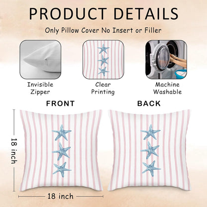 Preppy Starfish Seashell Throw Pillow Covers Set of 2, Pink and Blue Striped Pillow Case Cover for Girls Room, Coastal Square Pillowcase, Beachy Coquette Cushion Cover Case for Couch,18x18
