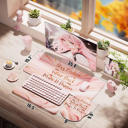 Large Mouse Pad and Keyboard Wrist Rest + Desk Mat Set,Full Long Mouse Pads for Desk Accessories with Memory Foam Gel Pink Mousepad for Women Computer Desktop Office Work-Rose Gold & Pink