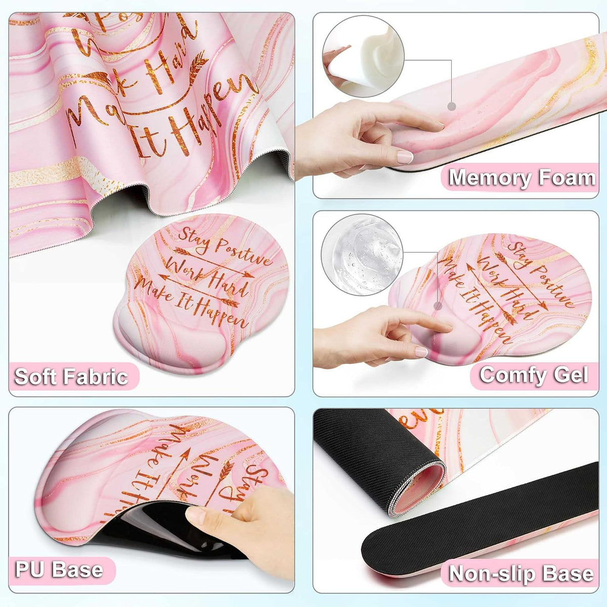 Large Mouse Pad and Keyboard Wrist Rest + Desk Mat Set,Full Long Mouse Pads for Desk Accessories with Memory Foam Gel Pink Mousepad for Women Computer Desktop Office Work-Rose Gold & Pink