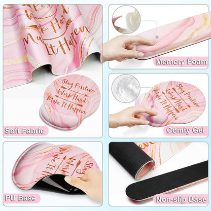 Large Mouse Pad and Keyboard Wrist Rest + Desk Mat Set,Full Long Mouse Pads for Desk Accessories with Memory Foam Gel Pink Mousepad for Women Computer Desktop Office Work-Rose Gold & Pink