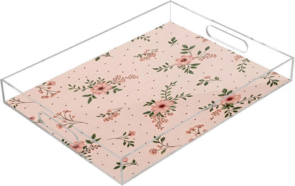 Elegant Flowers Pink Serving Tray 12" x 16" Acrylic Trays with Handles Decorative Serving Platter for Coffee, Breakfast in Bed, Dinner, Appetizers, Patio, Party