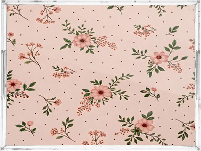 Elegant Flowers Pink Serving Tray 12" x 16" Acrylic Trays with Handles Decorative Serving Platter for Coffee, Breakfast in Bed, Dinner, Appetizers, Patio, Party