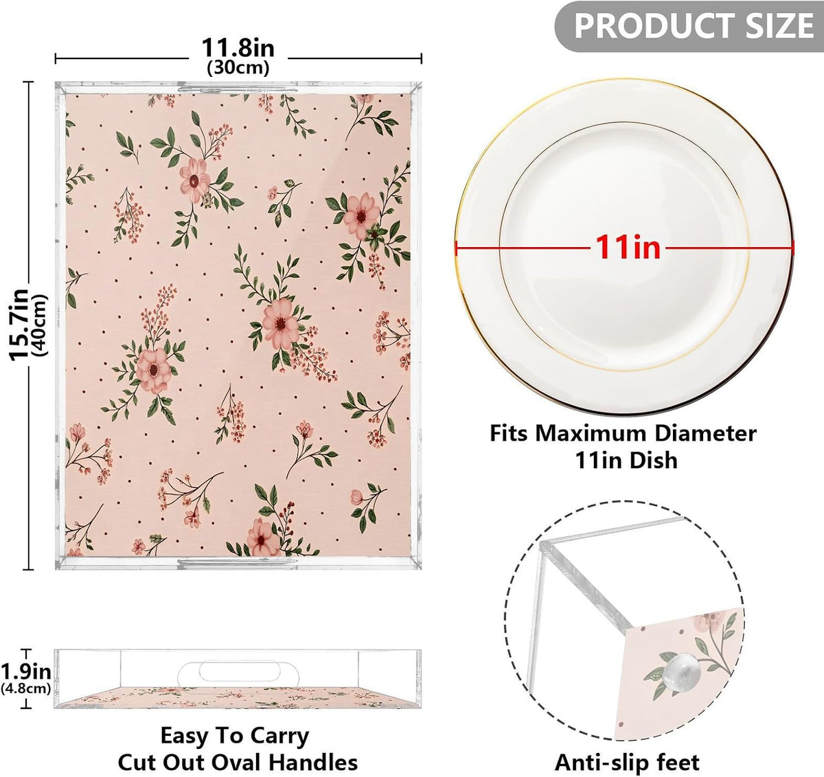 Elegant Flowers Pink Serving Tray 12" x 16" Acrylic Trays with Handles Decorative Serving Platter for Coffee, Breakfast in Bed, Dinner, Appetizers, Patio, Party