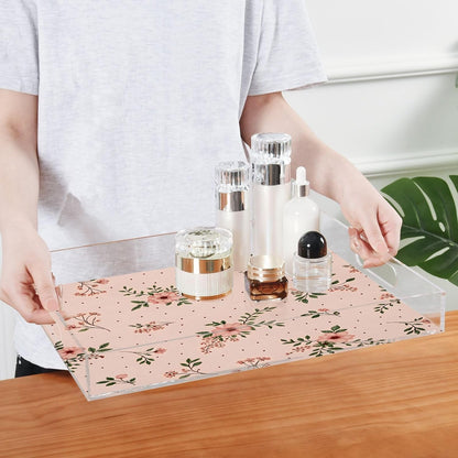 Elegant Flowers Pink Serving Tray 12" x 16" Acrylic Trays with Handles Decorative Serving Platter for Coffee, Breakfast in Bed, Dinner, Appetizers, Patio, Party