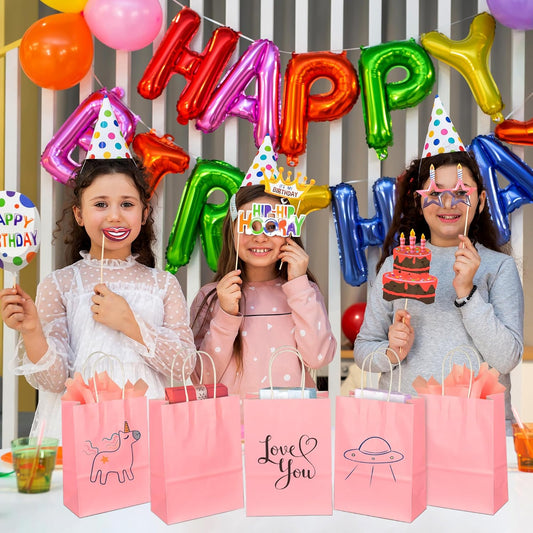 BLEWINDZ 32Pcs Small Paper Gift Bags with Tissues, Pink Party Favor Bags with Handles, 8.7" Goodie Bag for Birthday, Shopping, Party Supplies