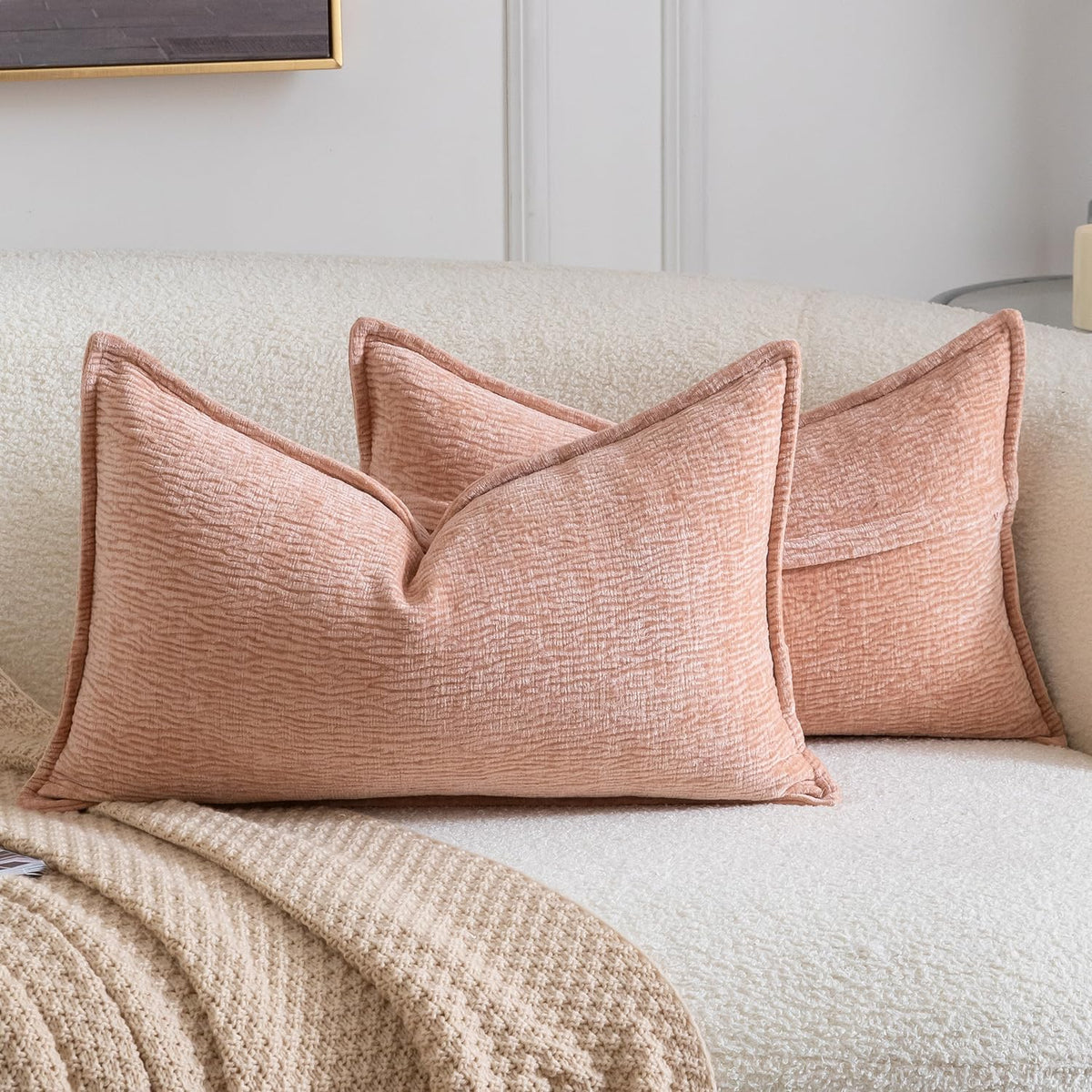 Pack of 2 Decorative Throw Pillow Covers Soft Chenille Throw Pillows Solid Textured Cushion Covers for Couch Sofa Bedroom Living Room 20x12 Inch, Peach