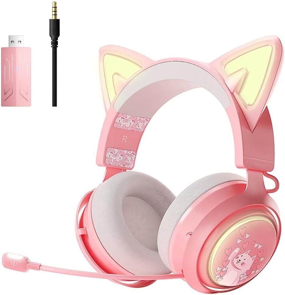 Cat Ear Headphones, 2.4G/Bluetooth Wireless Gaming Headset for PS5, PS4, PC with RGB Lights and Retractable Mic, 10Hrs Playtime, 7.1 Surround Sound for Laptop, Smartphone-GS510 Pro - Pink