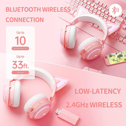 Cat Ear Headphones, 2.4G/Bluetooth Wireless Gaming Headset for PS5, PS4, PC with RGB Lights and Retractable Mic, 10Hrs Playtime, 7.1 Surround Sound for Laptop, Smartphone-GS510 Pro - Pink
