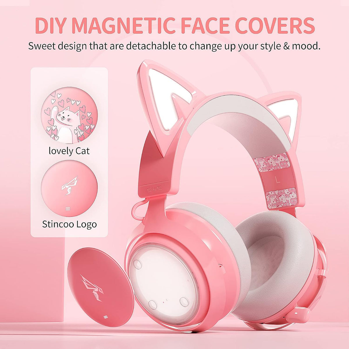 Cat Ear Headphones, 2.4G/Bluetooth Wireless Gaming Headset for PS5, PS4, PC with RGB Lights and Retractable Mic, 10Hrs Playtime, 7.1 Surround Sound for Laptop, Smartphone-GS510 Pro - Pink