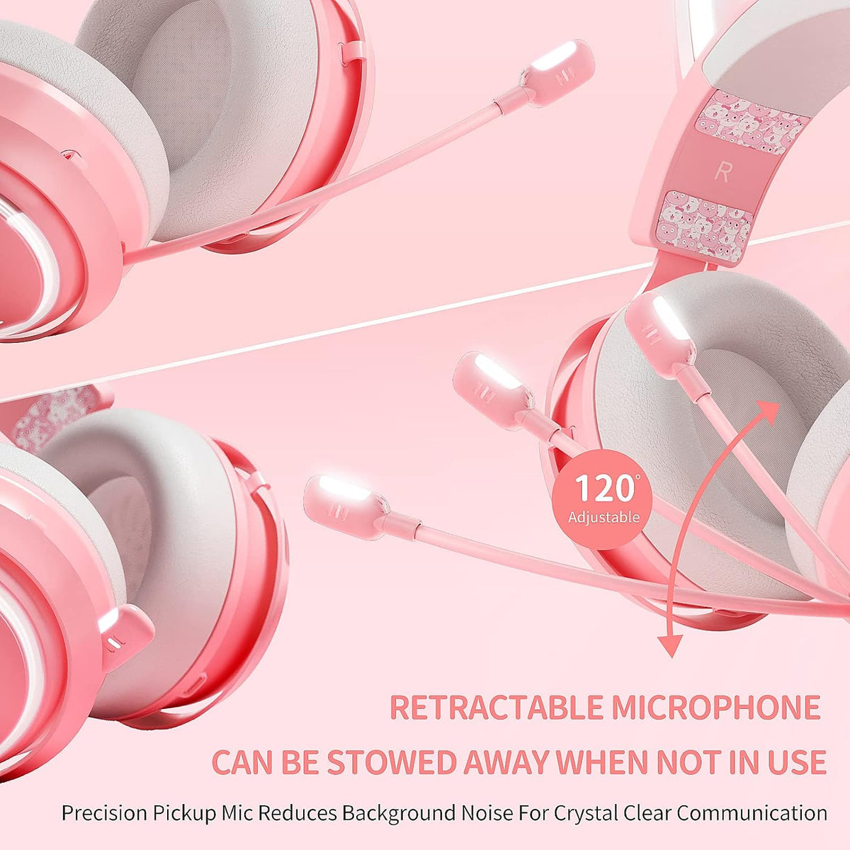 Cat Ear Headphones, 2.4G/Bluetooth Wireless Gaming Headset for PS5, PS4, PC with RGB Lights and Retractable Mic, 10Hrs Playtime, 7.1 Surround Sound for Laptop, Smartphone-GS510 Pro - Pink