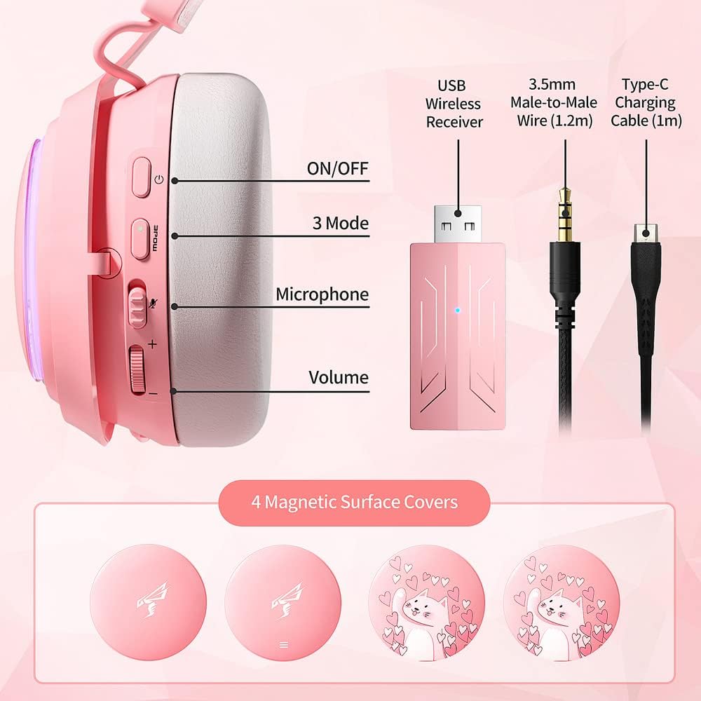 Cat Ear Headphones, 2.4G/Bluetooth Wireless Gaming Headset for PS5, PS4, PC with RGB Lights and Retractable Mic, 10Hrs Playtime, 7.1 Surround Sound for Laptop, Smartphone-GS510 Pro - Pink