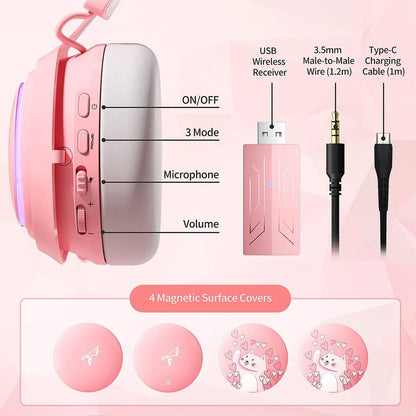 Cat Ear Headphones, 2.4G/Bluetooth Wireless Gaming Headset for PS5, PS4, PC with RGB Lights and Retractable Mic, 10Hrs Playtime, 7.1 Surround Sound for Laptop, Smartphone-GS510 Pro - Pink