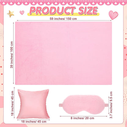 18 Pcs Sleepover Party Supplies Set 6 Pcs Fleece Soft Blankets 6 Pcs Velvet Pillows 6 Pcs Faux Rabbit Fur Sleep Eye Mask Sleeping Stuff Accessories for Slumber Spa Favors(Pink)