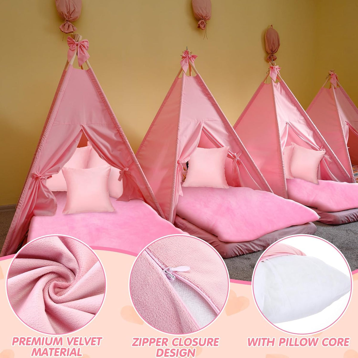 18 Pcs Sleepover Party Supplies Set 6 Pcs Fleece Soft Blankets 6 Pcs Velvet Pillows 6 Pcs Faux Rabbit Fur Sleep Eye Mask Sleeping Stuff Accessories for Slumber Spa Favors(Pink)