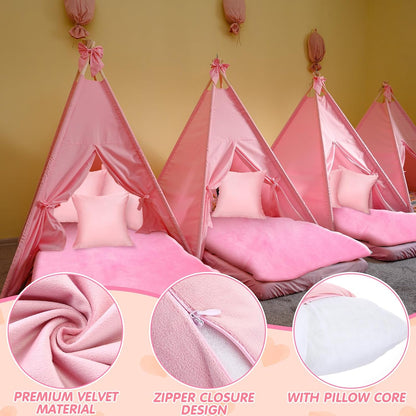 18 Pcs Sleepover Party Supplies Set 6 Pcs Fleece Soft Blankets 6 Pcs Velvet Pillows 6 Pcs Faux Rabbit Fur Sleep Eye Mask Sleeping Stuff Accessories for Slumber Spa Favors(Pink)