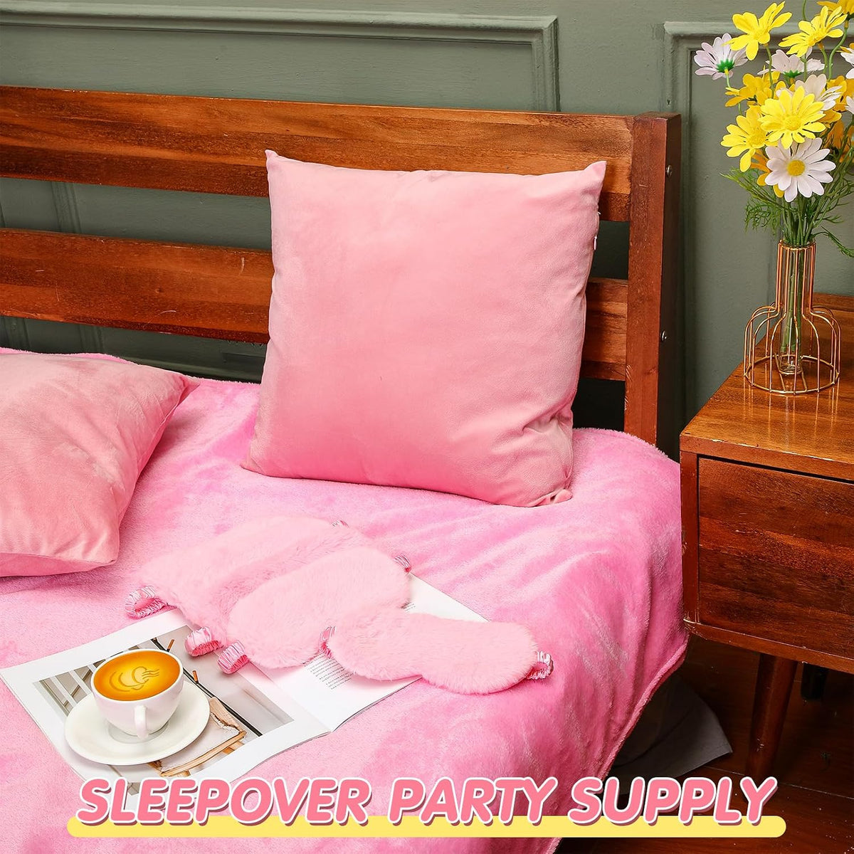 18 Pcs Sleepover Party Supplies Set 6 Pcs Fleece Soft Blankets 6 Pcs Velvet Pillows 6 Pcs Faux Rabbit Fur Sleep Eye Mask Sleeping Stuff Accessories for Slumber Spa Favors(Pink)