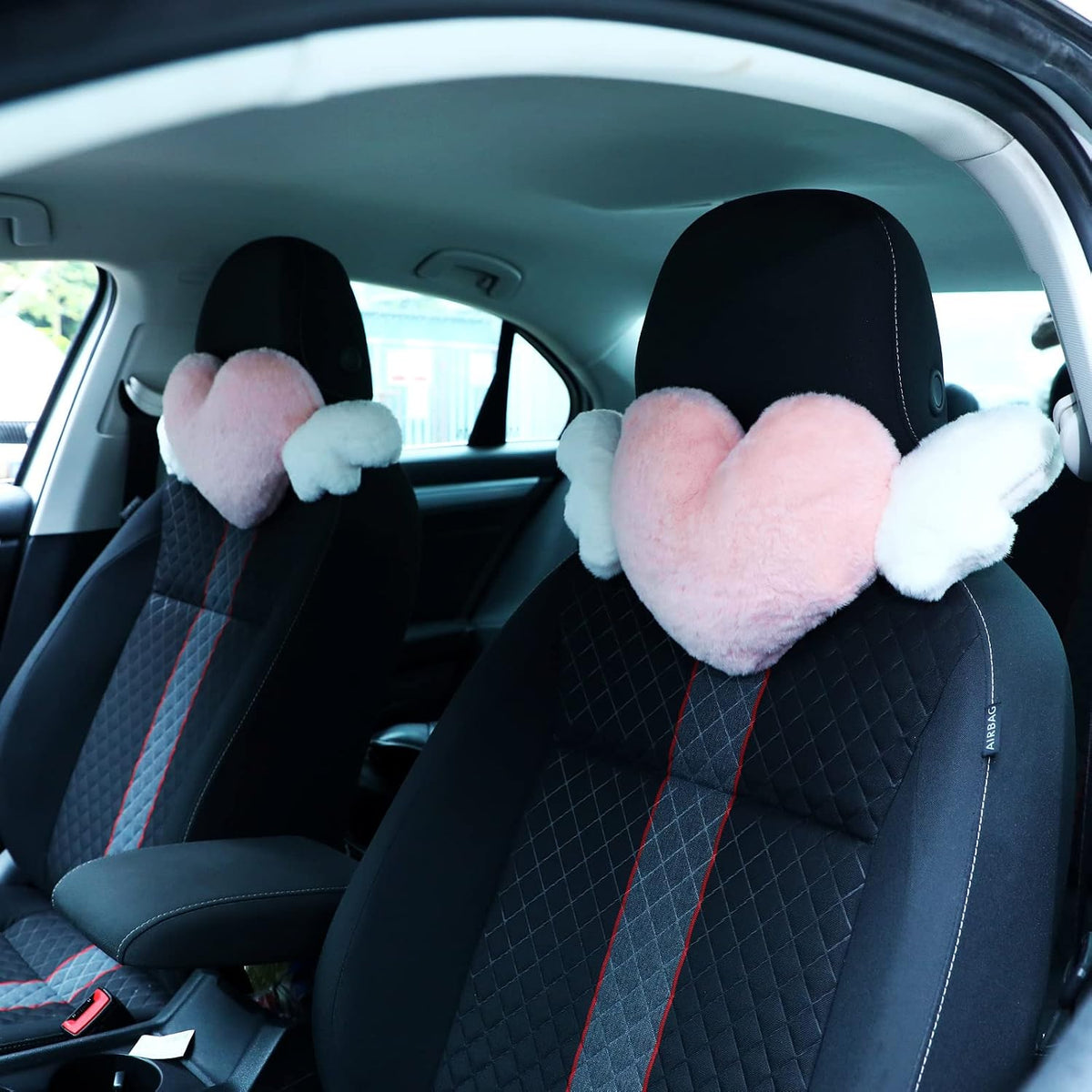 2 Pcs Heart Plush Car Headrest Pillow Angel Wings