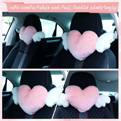 2 Pcs Heart Plush Car Headrest Pillow Angel Wings