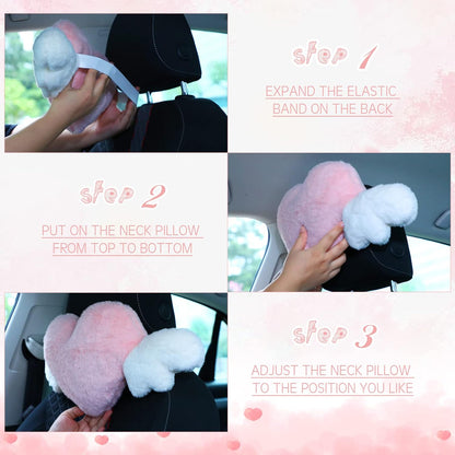 2 Pcs Heart Plush Car Headrest Pillow Angel Wings