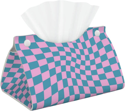 Blue Pink Checkered Warped Checkerboard Tissue Box Cover Rectangle PU Leather Tissue Box Holder Home Office Car Decor