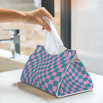 Blue Pink Checkered Warped Checkerboard Tissue Box Cover Rectangle PU Leather Tissue Box Holder Home Office Car Decor