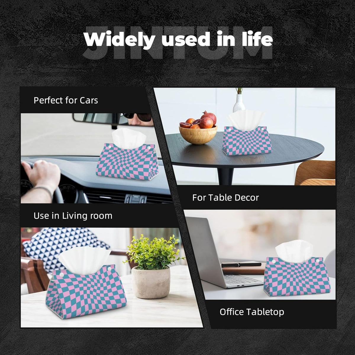 Blue Pink Checkered Warped Checkerboard Tissue Box Cover Rectangle PU Leather Tissue Box Holder Home Office Car Decor