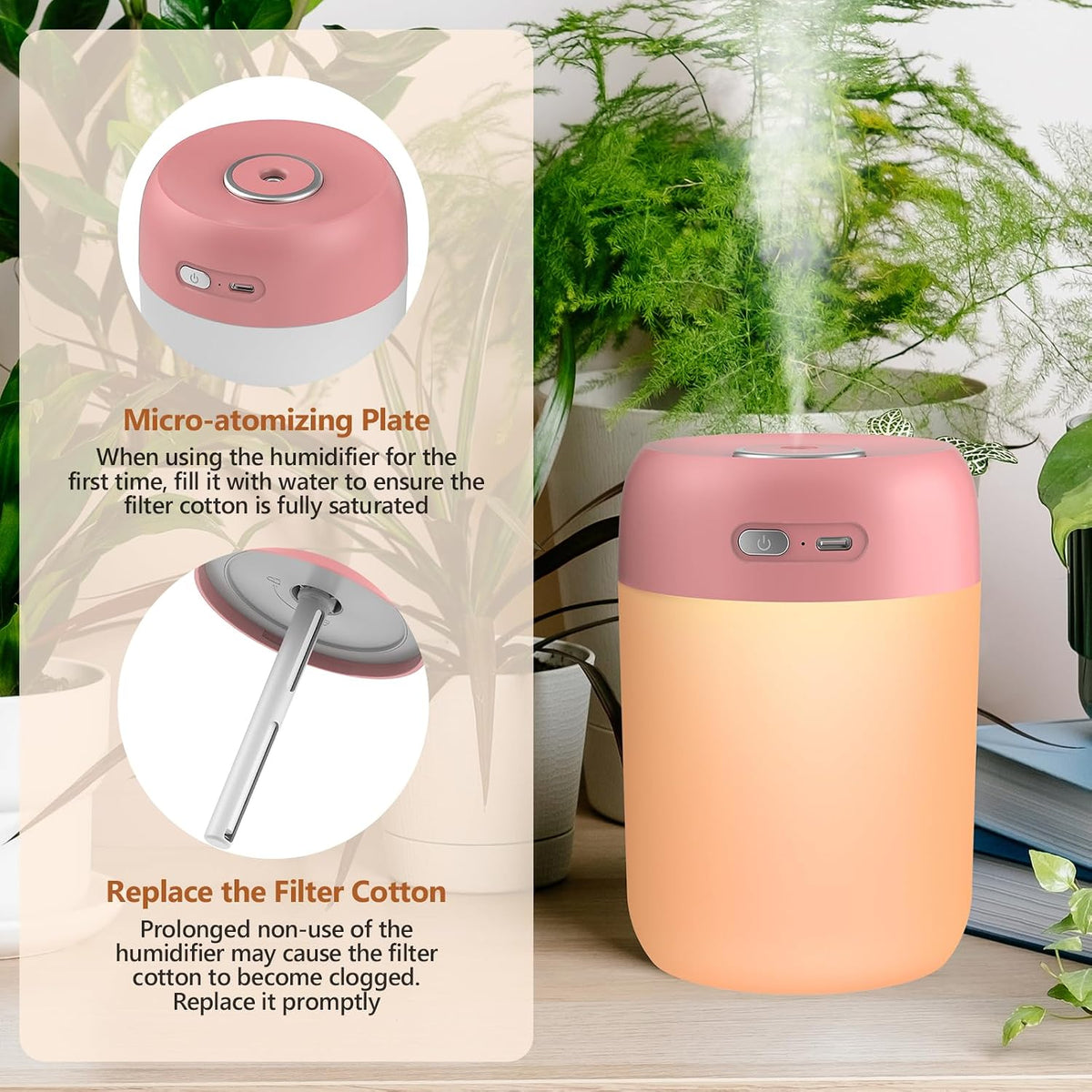 Portable Small Humidifier, 650ml Plant Humidifier, Deep Pink
