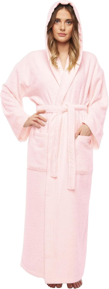 Women's Hooded Classic Bathrobe Turkish Cotton Robe with Full Length Options