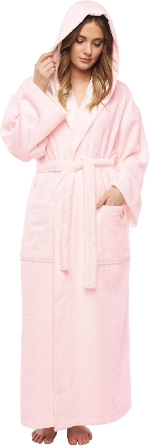 Women's Hooded Classic Bathrobe Turkish Cotton Robe with Full Length Options