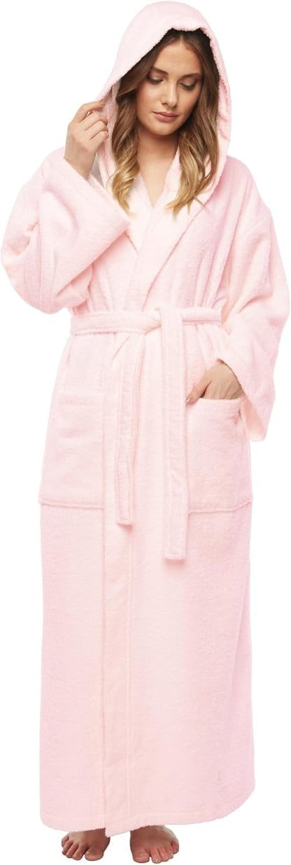 Women's Hooded Classic Bathrobe Turkish Cotton Robe with Full Length Options